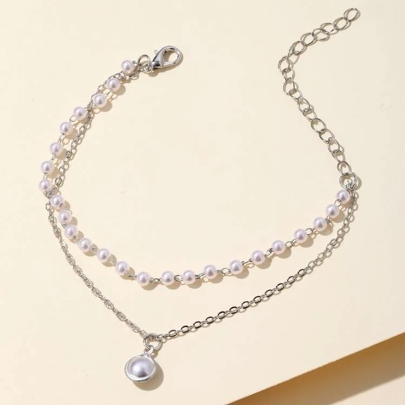 Faux Pearl Layered Bracelet Silver Plated Chain - Picture 7 of 7